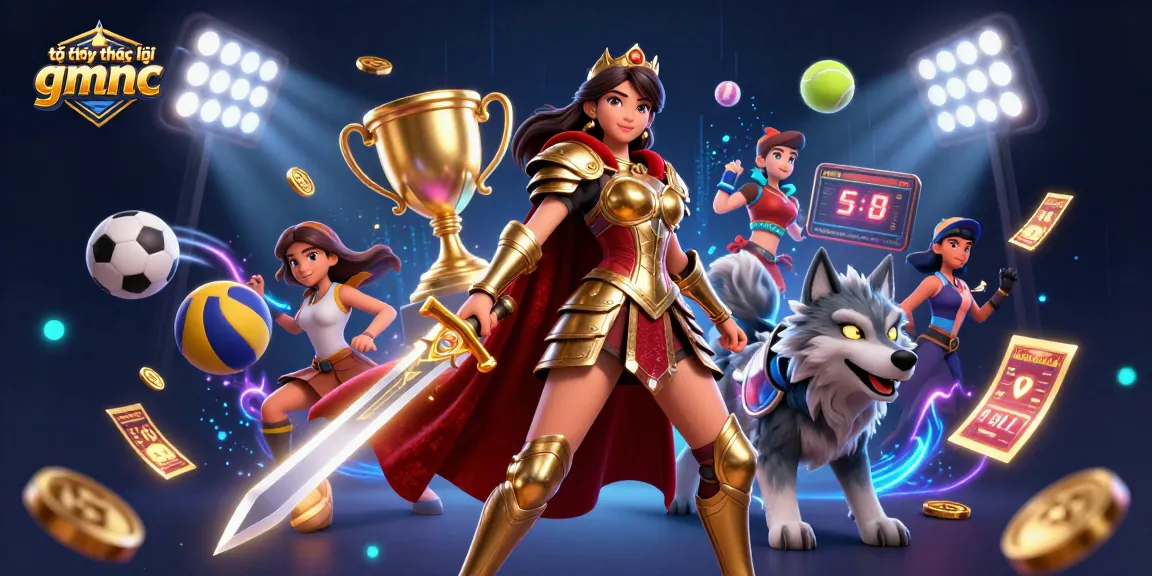 Bet on accurate insights with tổ chức pháp lý gmnc, showcasing a warrior queen and armored wolf amidst exciting sports elements.