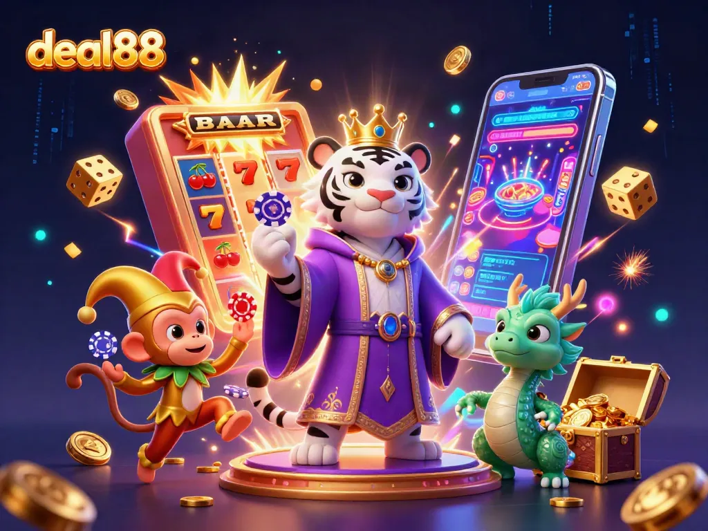 Engage with thrilling slots gameplay on deal88, featuring a vibrant casino scene and dynamic characters.