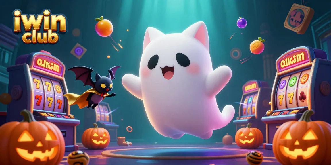 Engage in the thrilling world of iwin club with a ghost cat and slot machines action-packed scene.