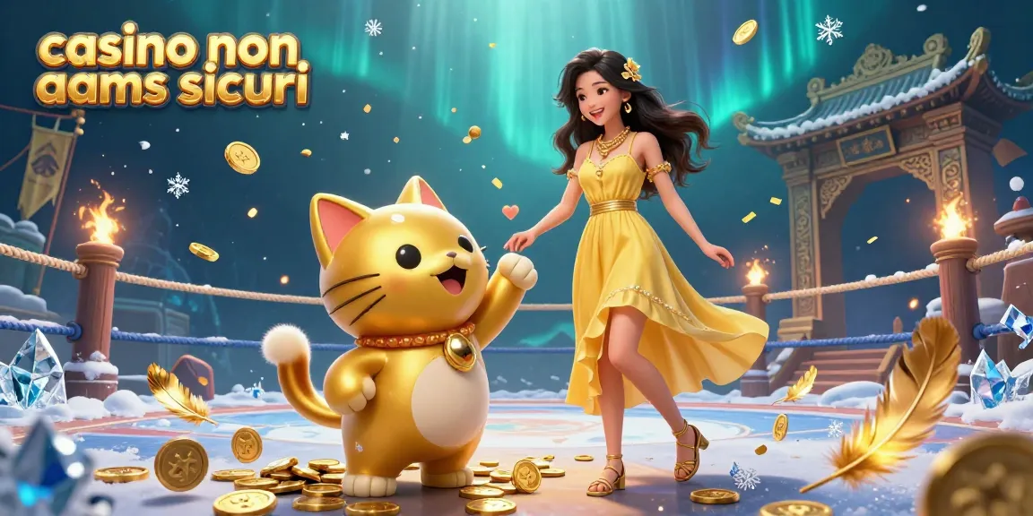 Gioca nei casinò non aams sicuri con una gioiosa donna asiatica e un gatto fortunato circondati da scintillii.