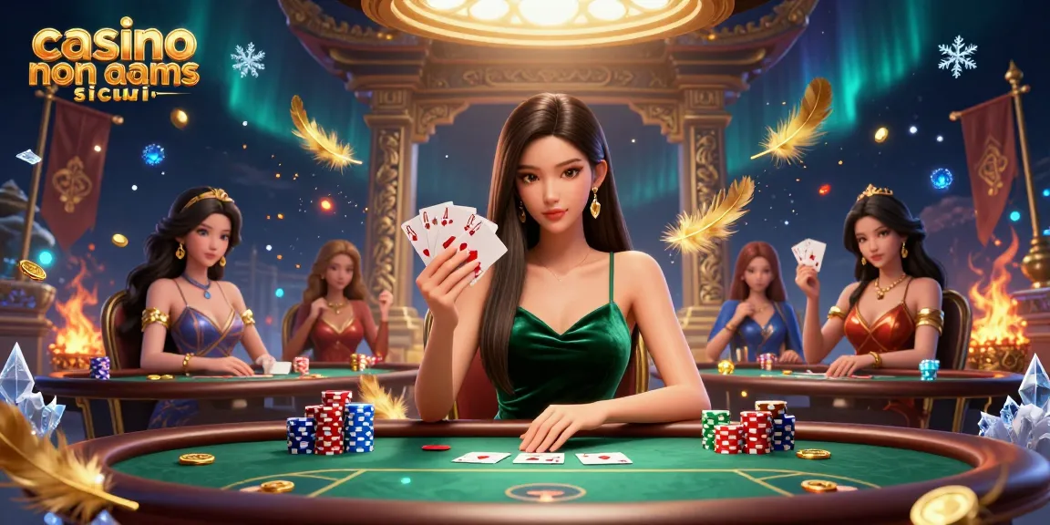 Gioca a poker con sicurezza presso i casinò non AAMS sicuri, con una bellissima donna asiatica che tiene le carte tra elementi di gioco dinamici.