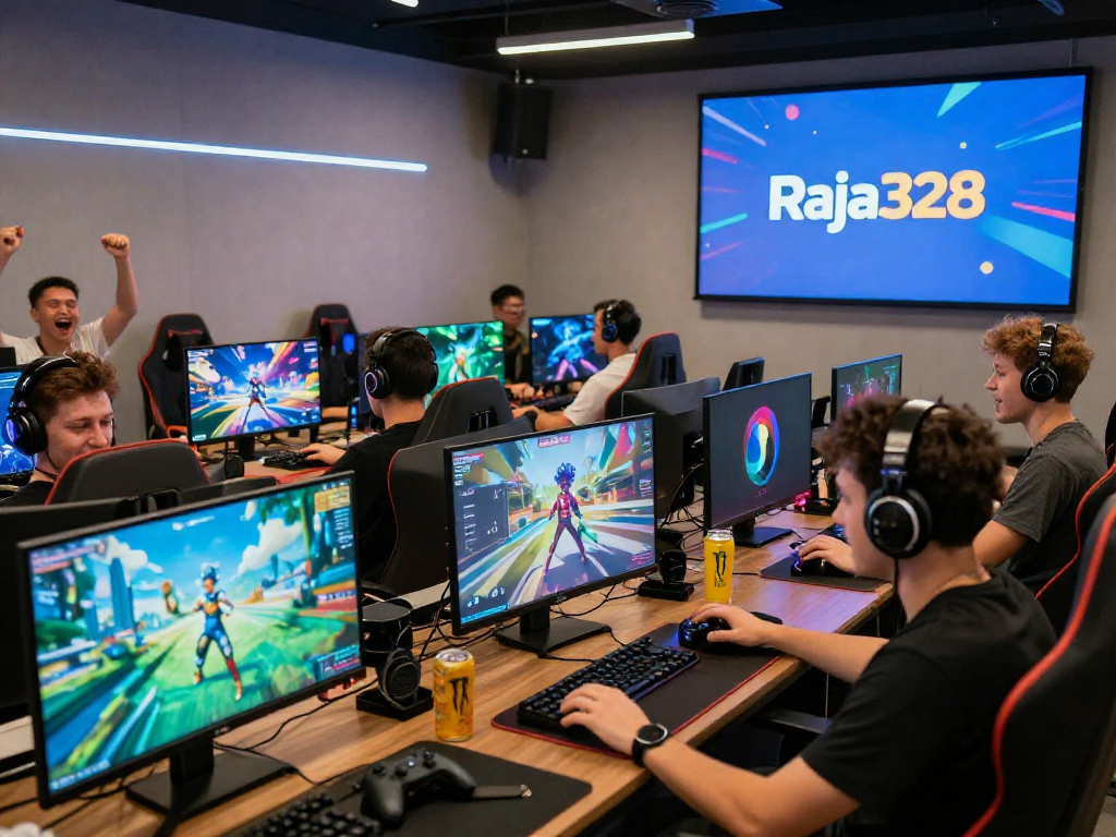 Players enjoying diverse games on Raja 328 online gaming platform with vibrant graphics and accessories.