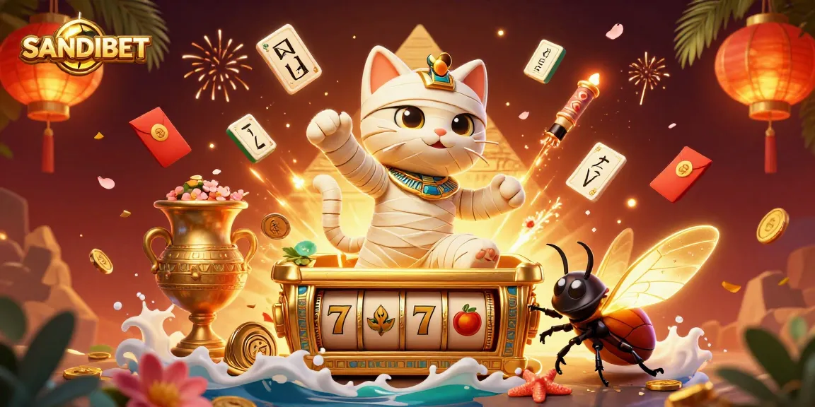 SANDIBET presents a thrilling pyramid casino scene with a mummy cat and stunning game elements.