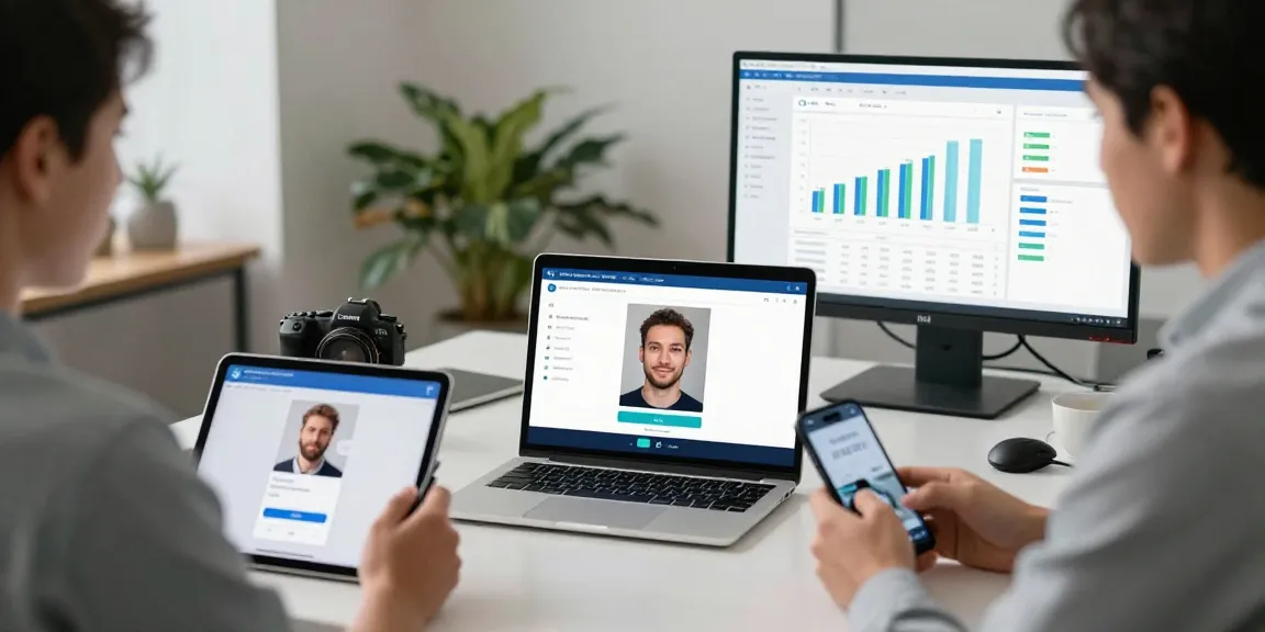 Effortless age verification system interface displaying live selfie process in a modern tech office.