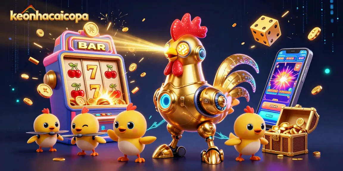 Engage with exciting betting opportunities at keonhacaicopa with colorful slot machine and golden rooster robot.