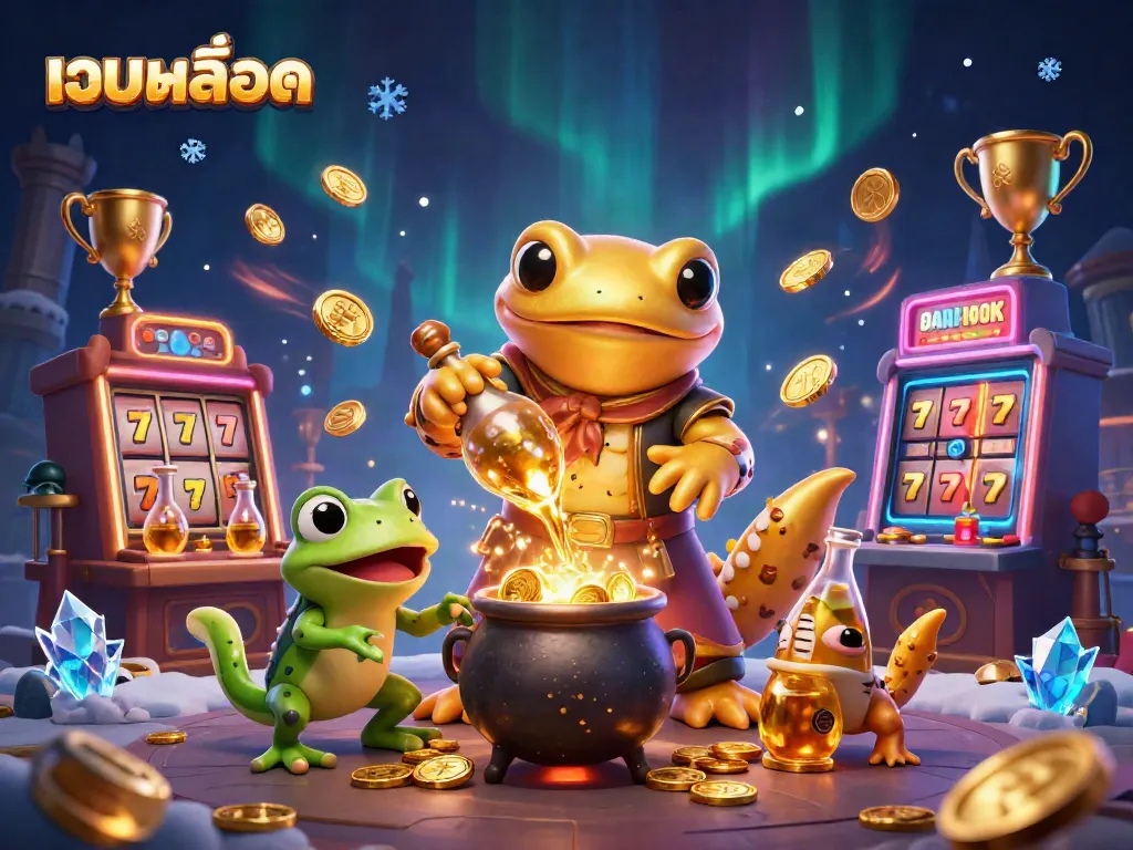 Experience thrilling เว็บสล็อต action in a vibrant 3D scene with a golden salamander and dynamic slot elements.