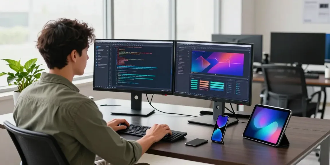 Dynamic tech workspace with a developer coding on dual monitors, highlighting the 纸飞机中文版 app interface.