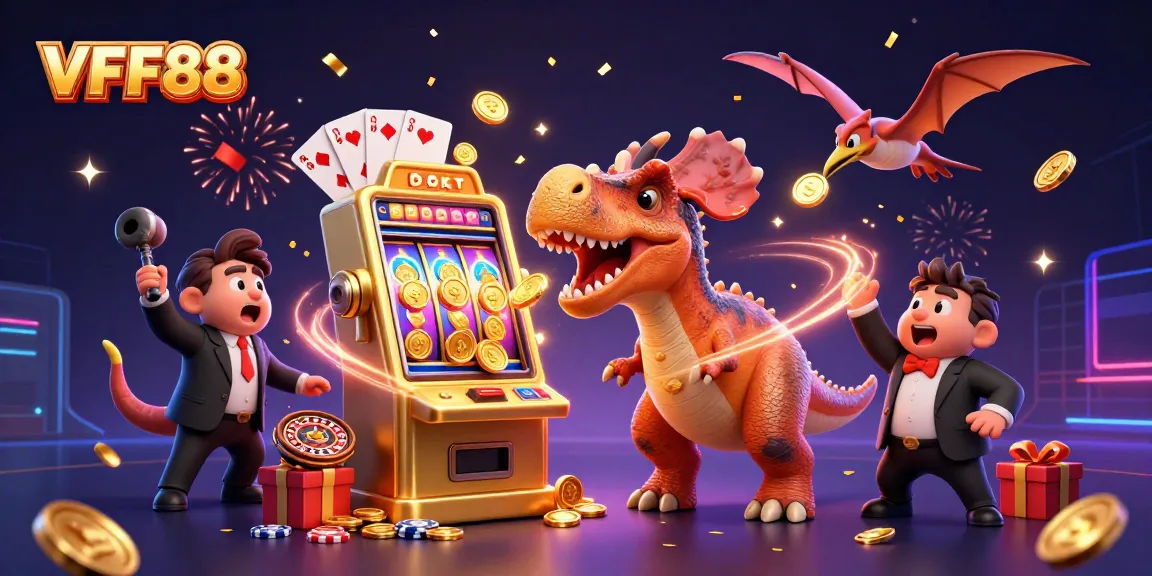 Experience VFF88 thrills as cartoon dinos engage in jackpot excitement with flying coins.