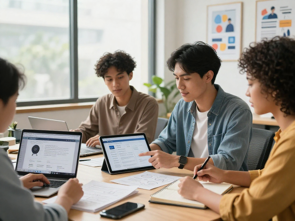 Registro de dominios: equipo profesional colaborando en estrategias de registro con tabletas y portátiles en oficina moderna.