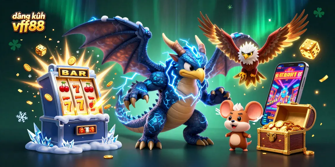 Engage in the excitement of đăng ký vff88 with vibrant 3D casino illustration featuring a thunder dragon and slot machine.