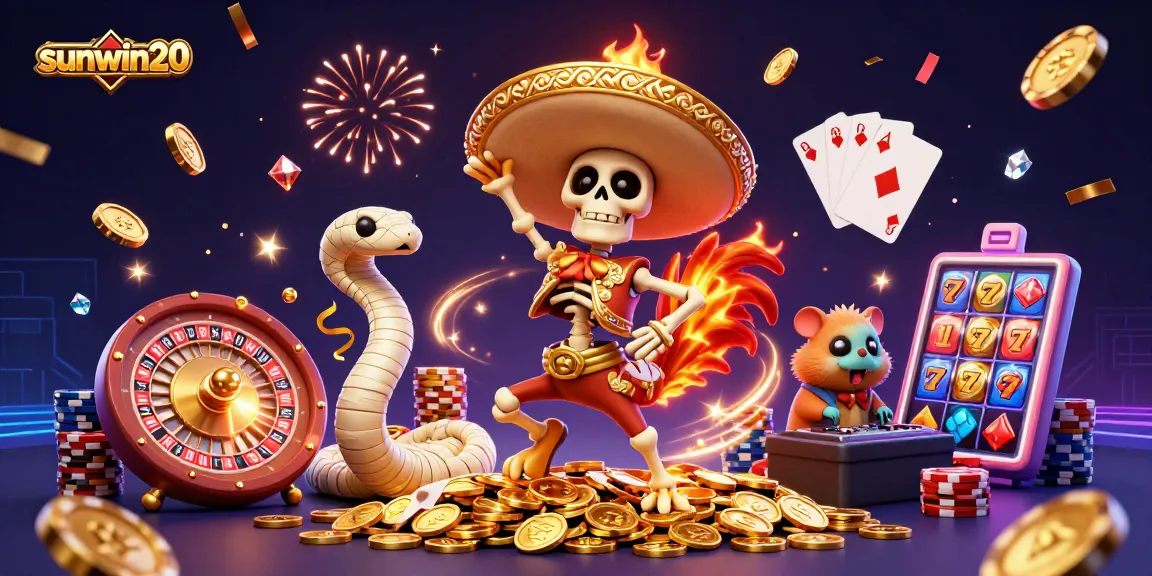 Experience the thrilling vibes of sunwin20 with vibrant casino characters celebrating wins and spinning luck.