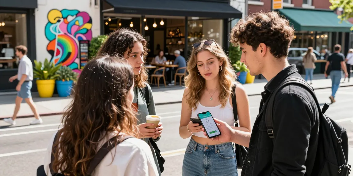 Group discussing test of attractiveness results in a vibrant urban café.