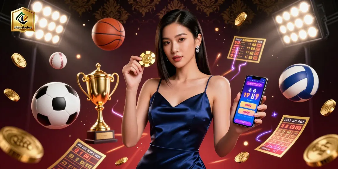 Experience winning strategies at situs sbobet with a captivating Asian woman presenting a casino app and golden chip.