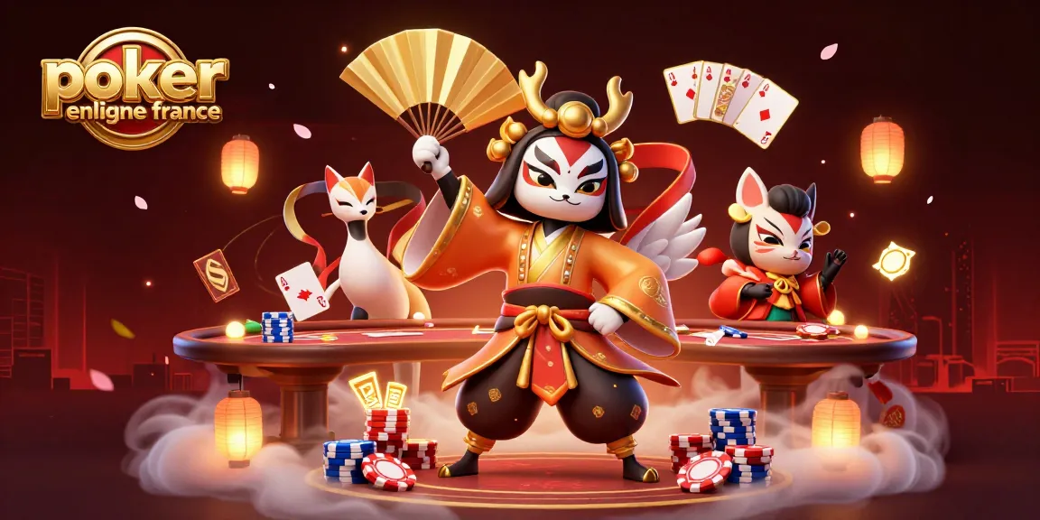 Jouez au poker en ligne en France avec des personnages animés entourés de cartes et de jetons dans un décor spectaculaire.