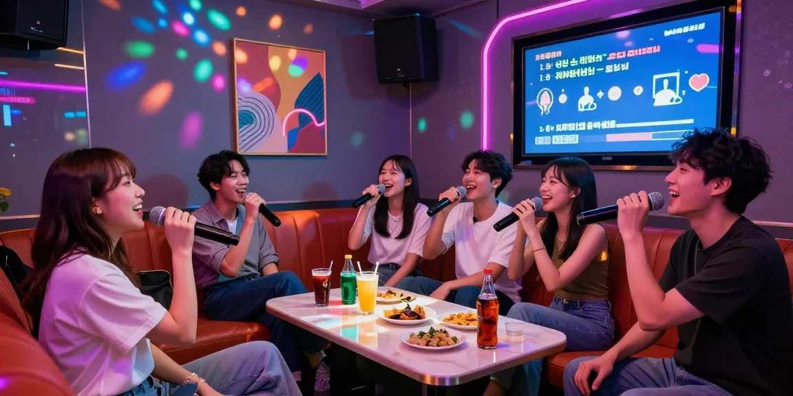 Friends singing together in a lively 강남노래방 with vibrant lights and atmosphere.