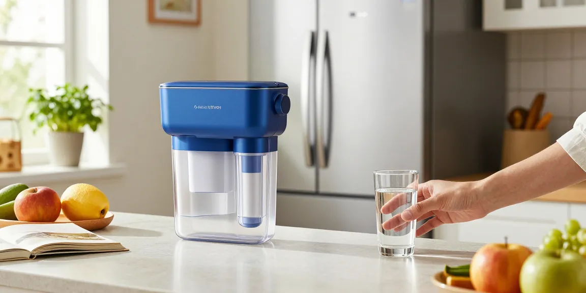 Maxblue UKF8001 Refrigerator Water Filter on a kitchen countertop enhancing water purity with fresh produce around.
