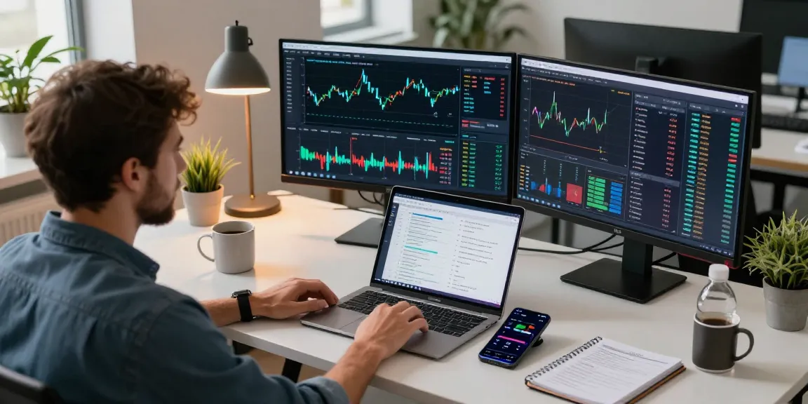 Oklo stock trading analysis in a modern cryptocurrency workspace with multiple monitors and visualization tools.