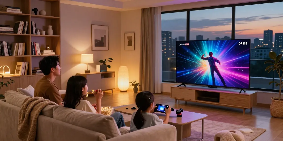 Family enjoying an OLED TV 2026 movie night in a modern living room with vibrant colors.