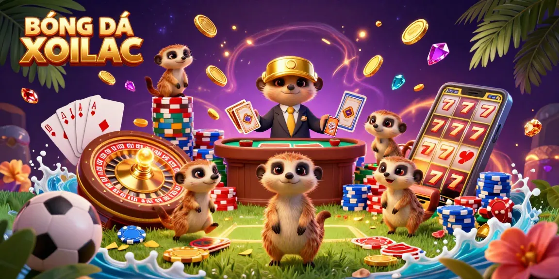 BÓNG ĐÁ XOILAC engaging scene with cartoon meerkats in a sports betting casino, dynamic elements filled with excitement.