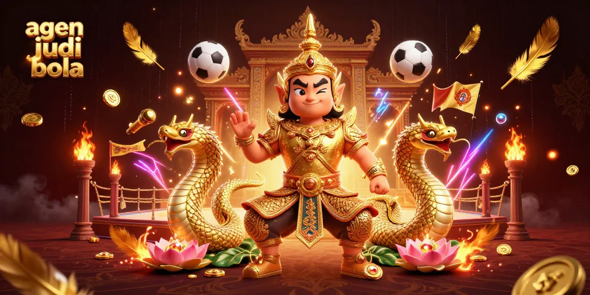 Bet on agen judi bola with a dynamic illustration featuring traditional Thai guardians and sports elements.