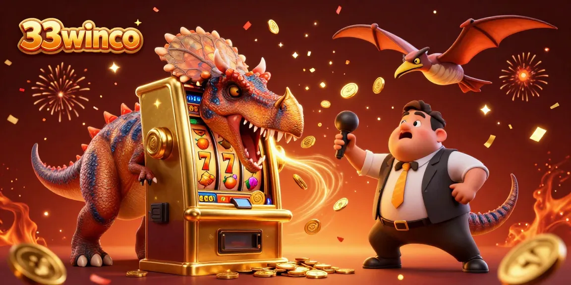 33winco illustrates a dynamic casino scene with a dinosaur winning coins from a slot machine.