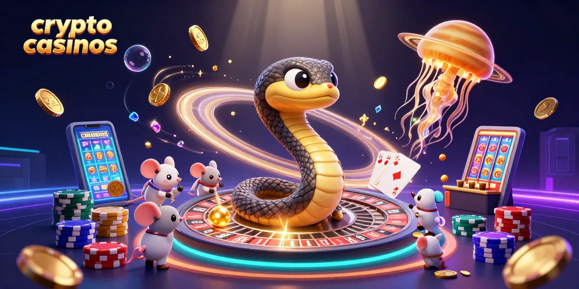 Gagnez avec les crypto casinos : montage coloré de personnages de casino et d'éléments de jeu flowant