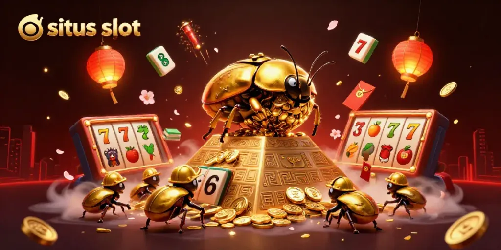 Engage with exciting situs slot gameplay, highlighted by golden beetles and a jackpot pyramid.
