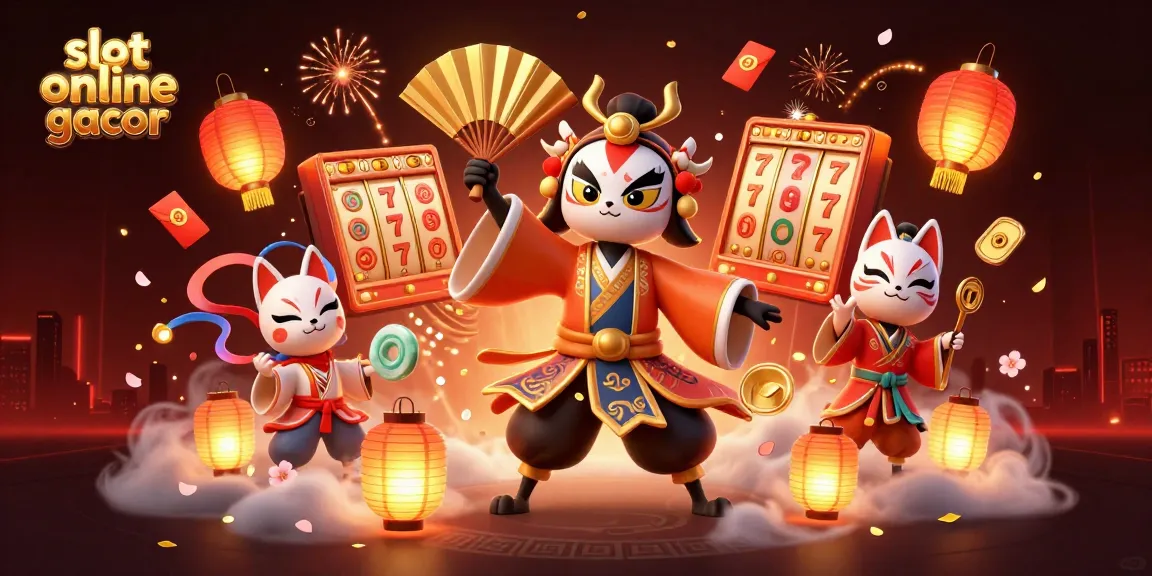 Memenangkan slot online gacor dengan kabuki dan simbol keberuntungan bercahaya di latar belakang yang eksotis.