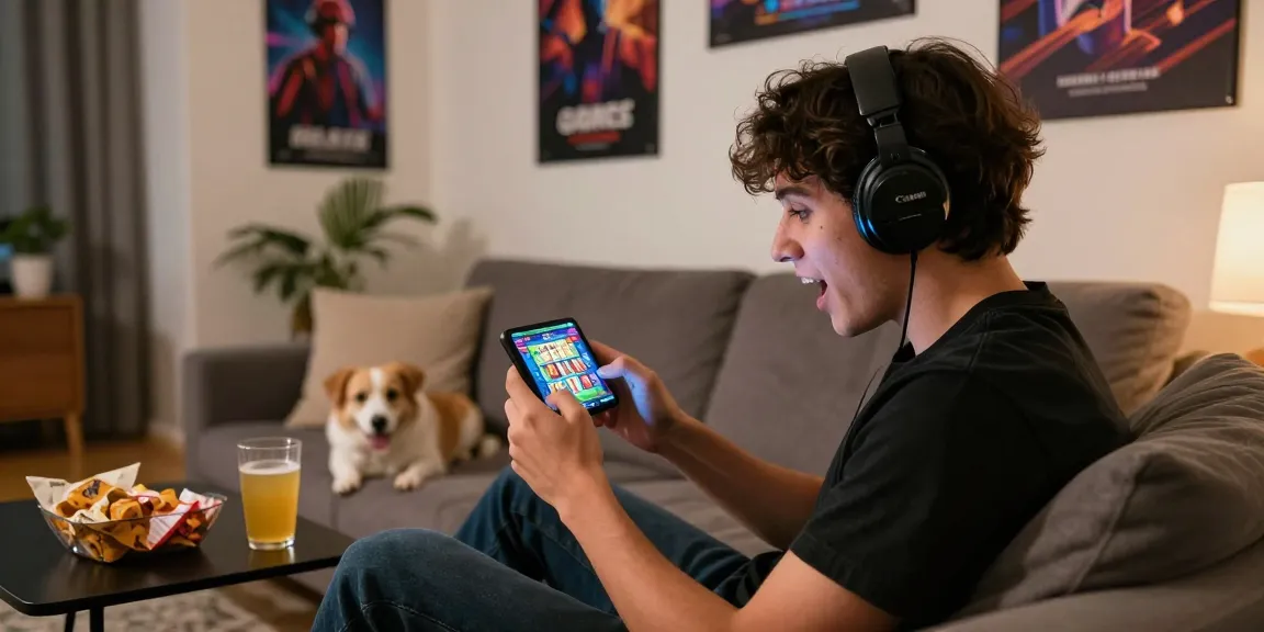 Engaged player enjoying deposit pulsa tanpa potongan gaming at home, showcasing excitement with mobile device and cozy atmosphere.