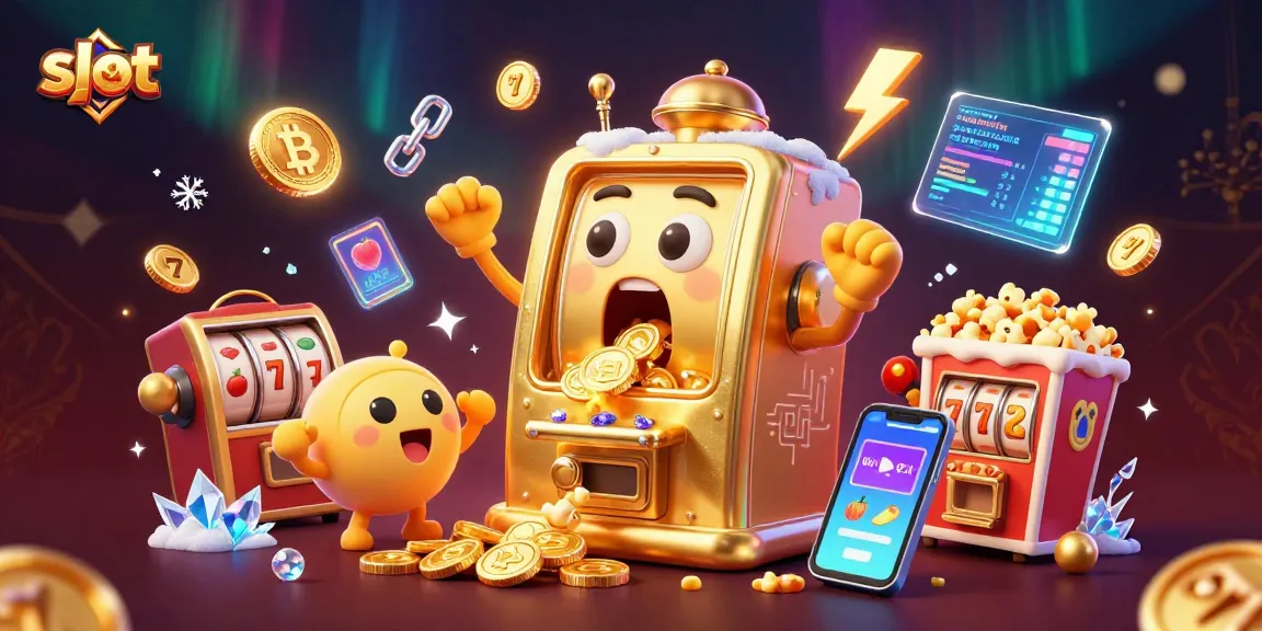 Slot mesin emas berujung jackpot memperlihatkan koin berkilau dengan mesin bayi bersemangat, dikelilingi elemen cryptocurrency.