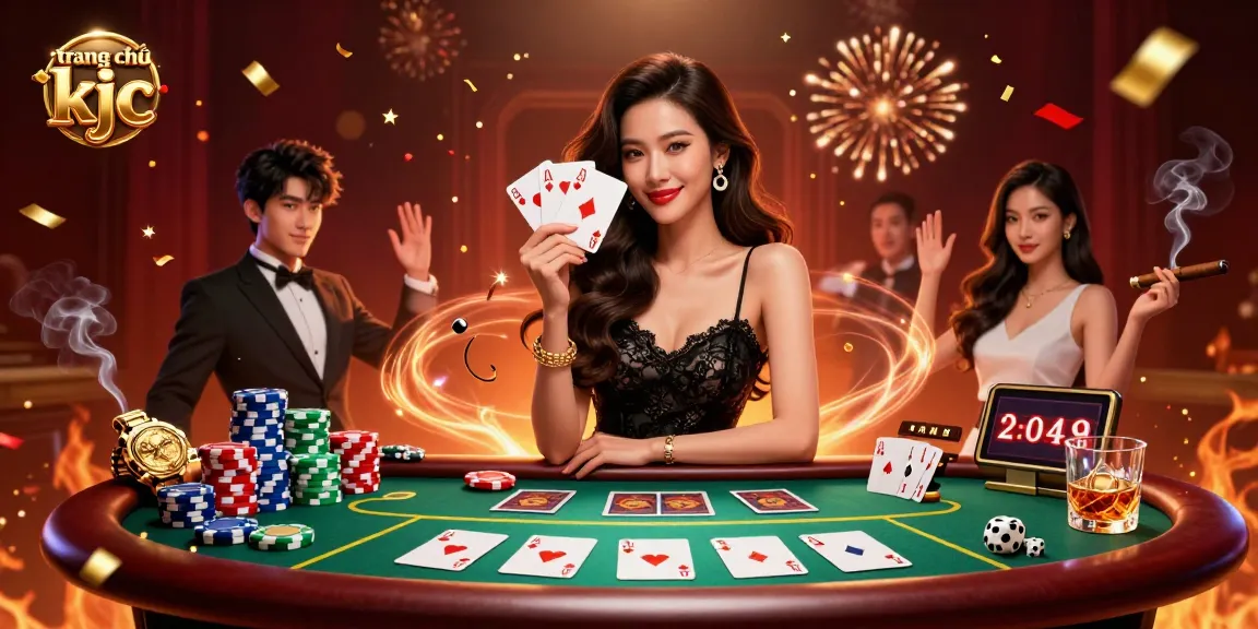 Experience thrilling gameplay on trang chủ kjc with a sophisticated Asian woman holding playing cards amidst vibrant casino elements.