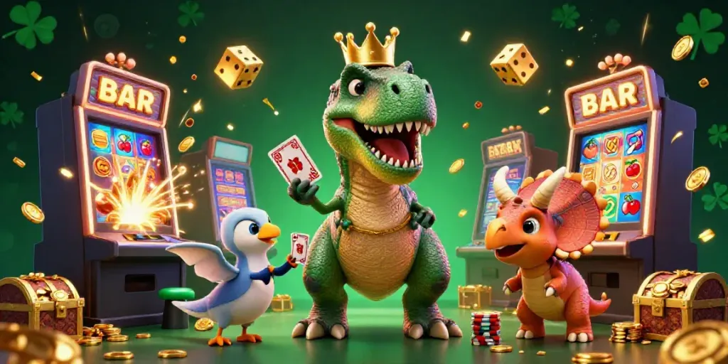 Permainan slot online di rooms-club, dengan karakter kartun T-Rex dan dino lainnya, menyajikan suasana permainan yang ceria dan beruntung.