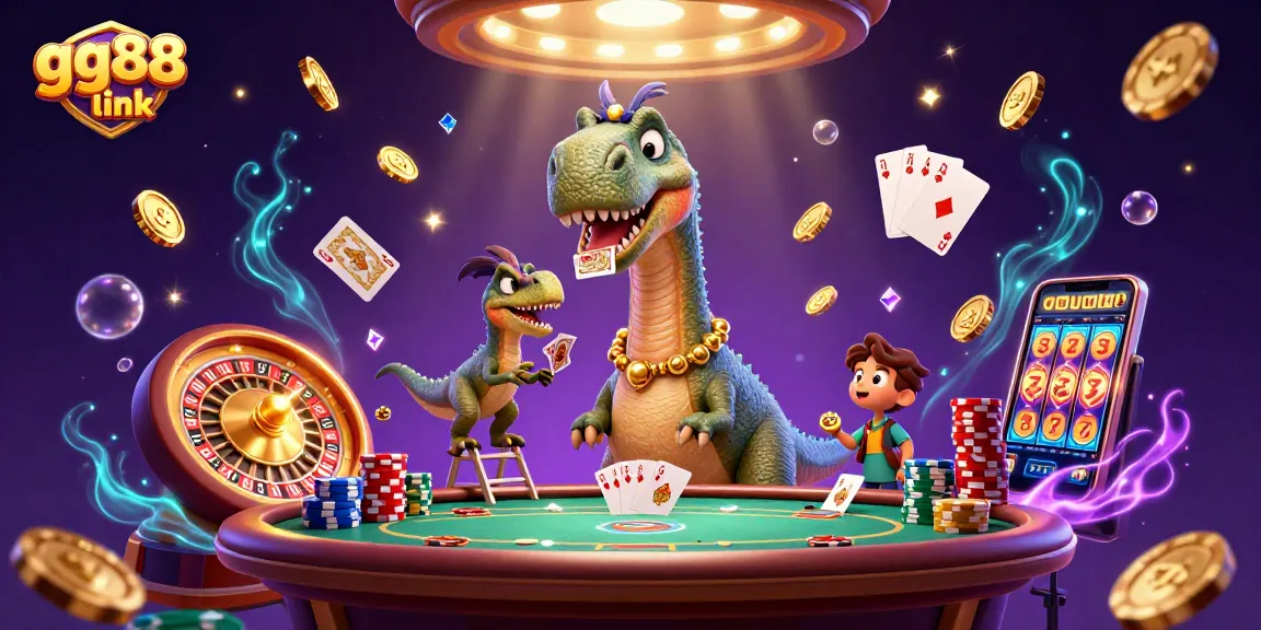 Players enjoy a lively gg88 link casino scene with a giant dinosaur and sparkling elements.
