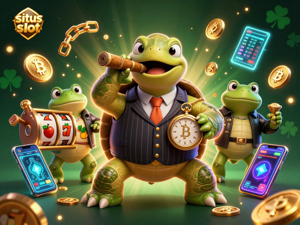 Situs slot action scene featuring a mobster turtle and bullfrog enforcers surrounded by vibrant casino symbols.