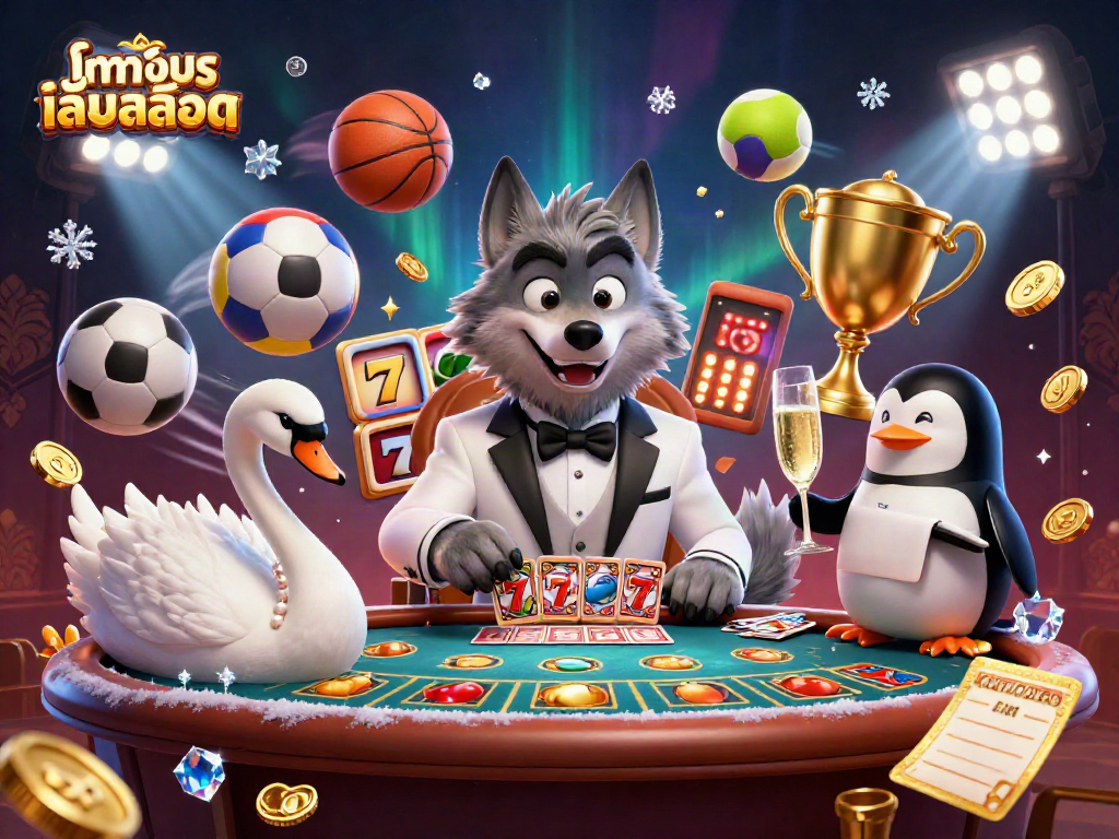 Try your luck in ทดลองเล่นสล็อต with a vibrant casino scene featuring a stylish wolf, swan, and penguin.