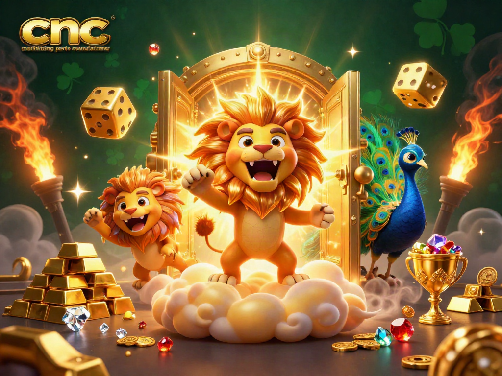CNC machining parts manufacturer showcasing a vibrant casino scene with golden treasures and animated characters.