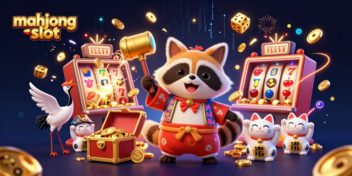 Play mahjong slot amid cheering tanuki, lucky symbols, and vibrant casino elements