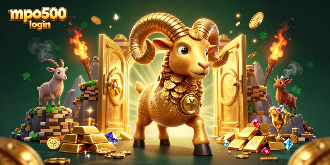 MPO500 login showcases a powerful ram charging toward a treasure vault filled with gold and gems.