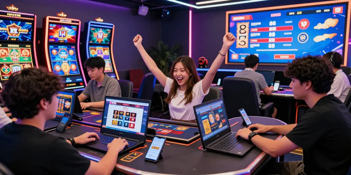 Excited players celebrating a win on the Hero138 online gambling platform featuring colorful slot games and esports.